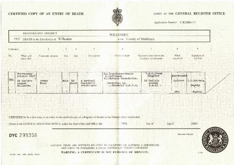 Bean (Frank) 1957 Death Certificate